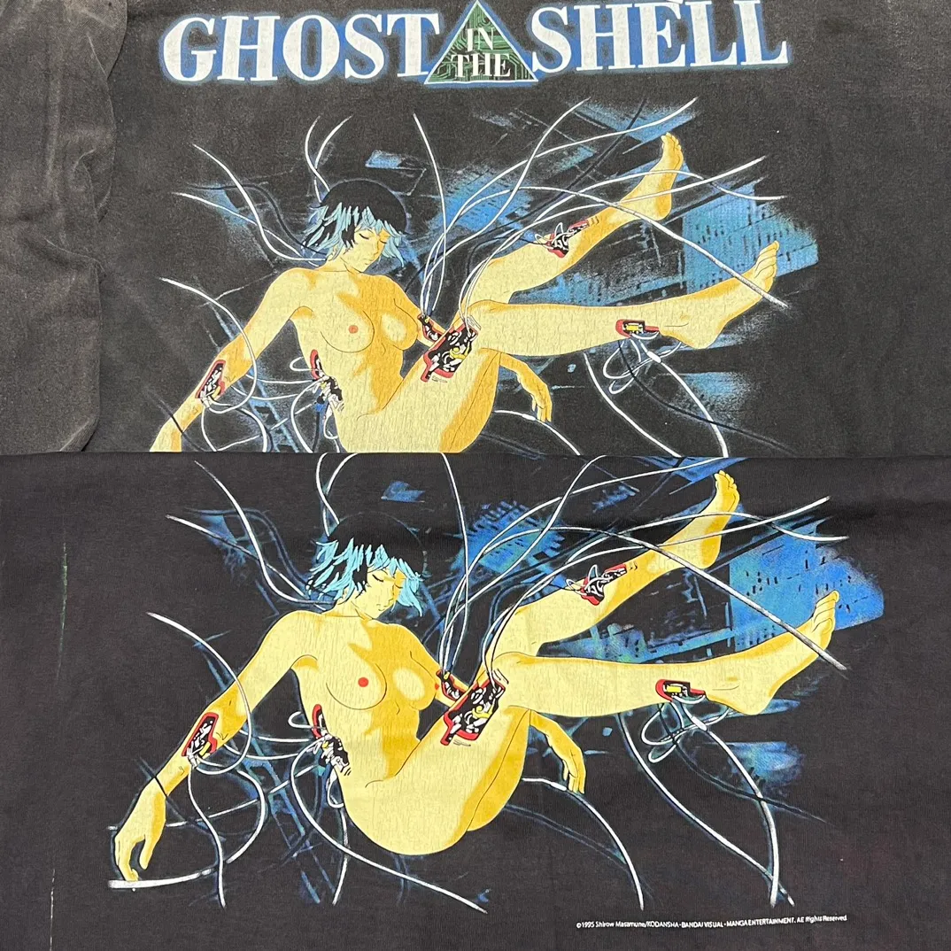 Printing proofing SAINT Mxxxxxx × GHOST IN THE SHELL Ghost in the Shell GS_LS TEE/GITS/BLK Big IP Ghost in the Shell joint model Sleeping Motoko Kusanagi Retro distressed long sleeves with holes Washed black S-XL